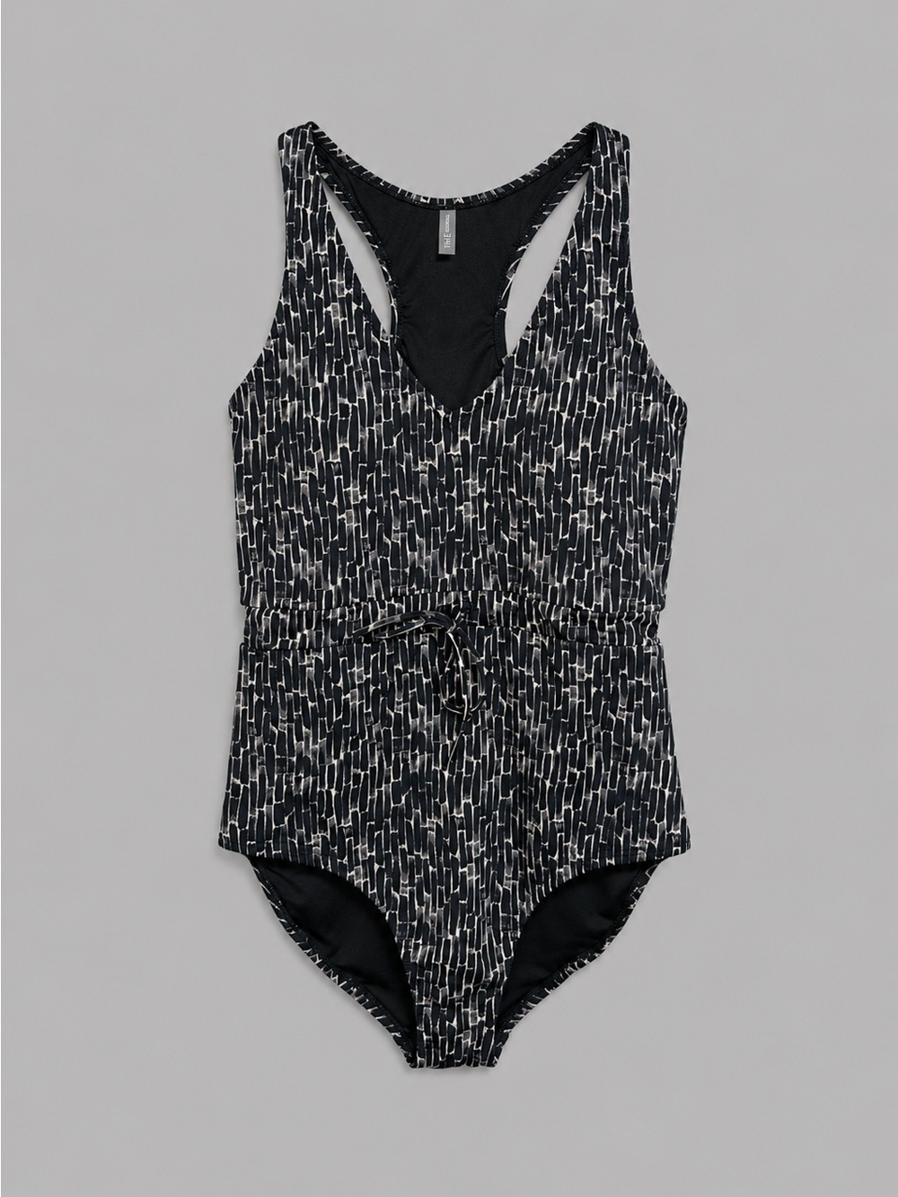 Garnet Hill One Piece Swimsuit Size 12 Black & Ivory Abstract Print Tie Waist - Picture 2 of 8